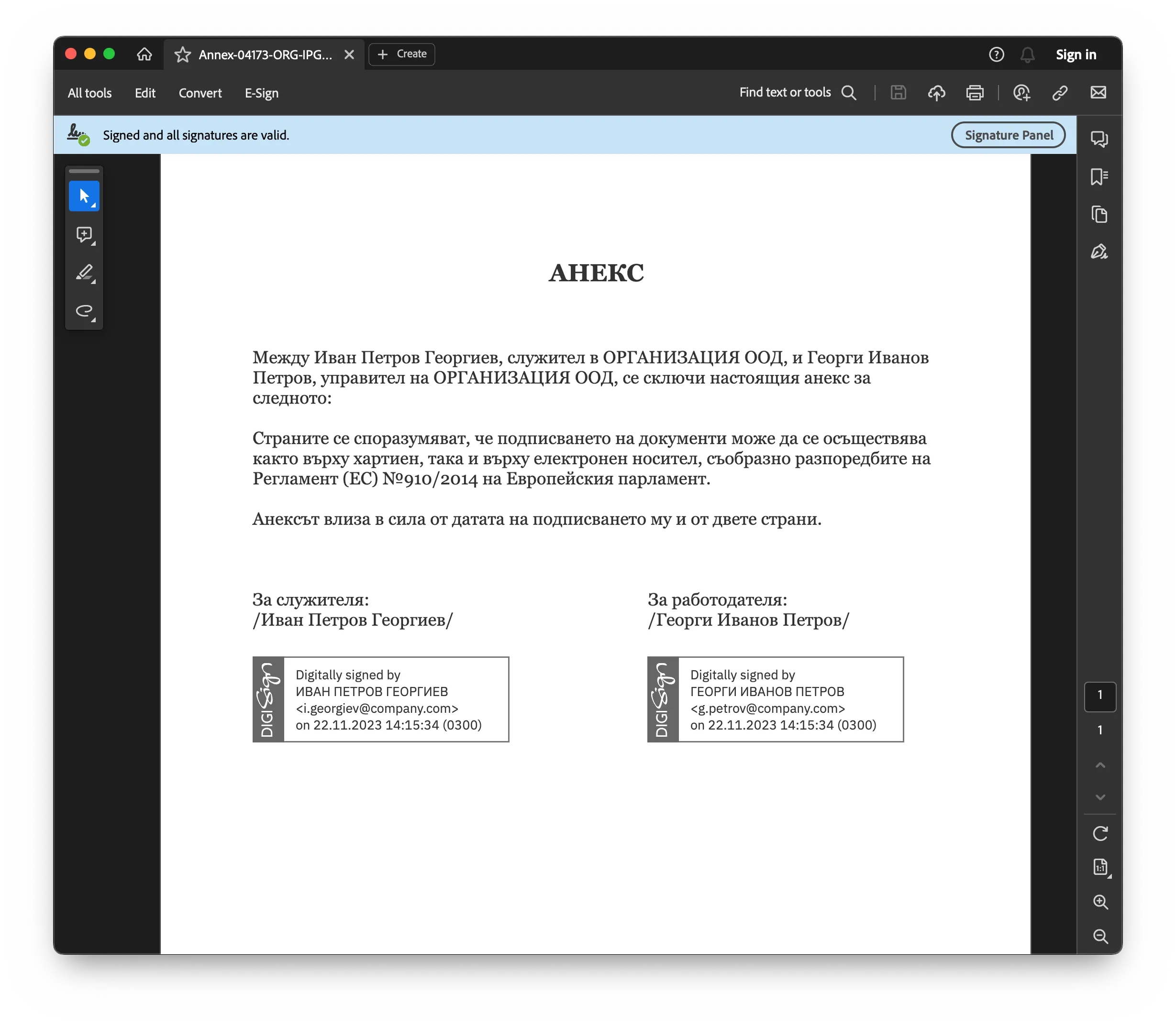 Document signed with DigiSign 1-Click-Sign methog showing the content and two signatures