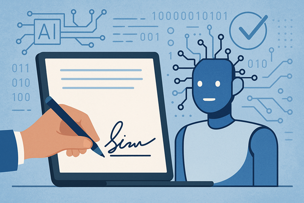 Картинка на подписване на таблет с елементи на изкуствен интелект на заден фон