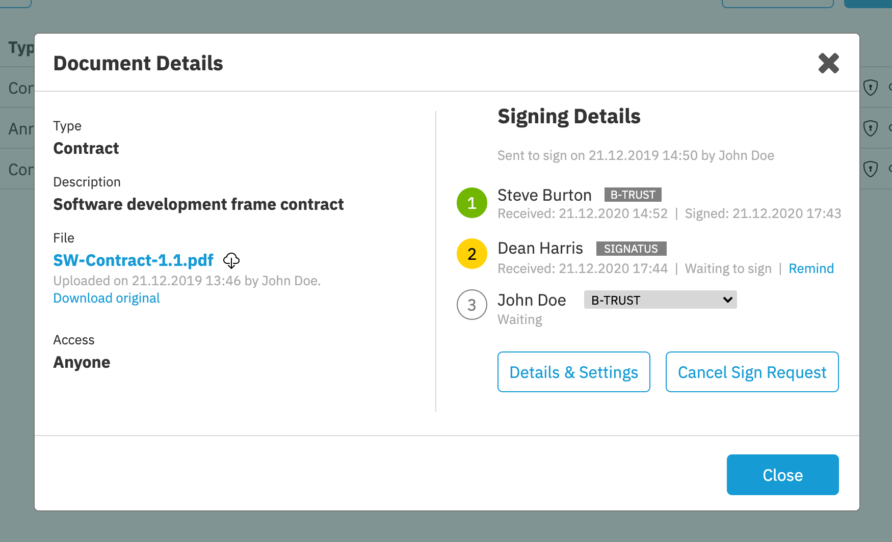 Екран от DigiSign платформата, който покава как може да се проследи статуса на изпратен за подпис документ.